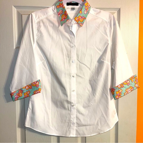 Pearly Vine Cotton Blend Poplin Preppy Button Down Blouse - Picture 2 of 11